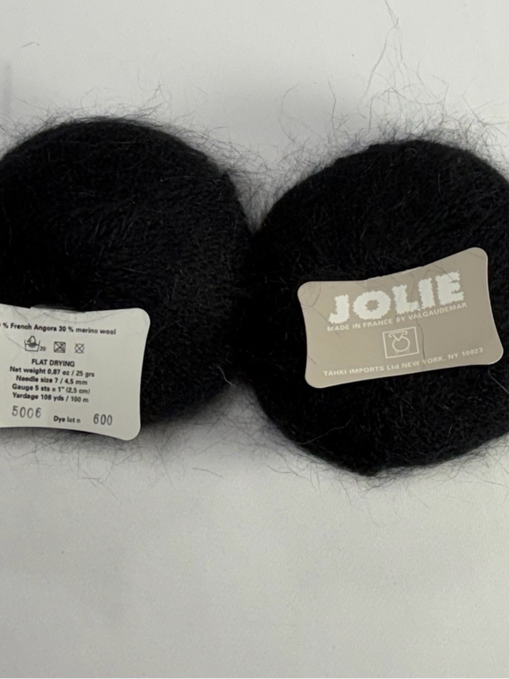 Tahki Jolie Yarn Black Angora Merino Wool Lot 2 Balls Color 5006 France